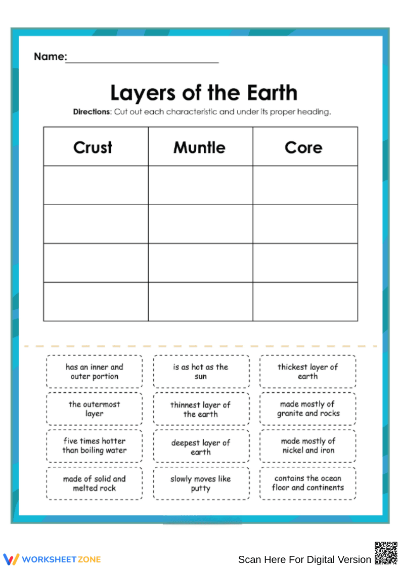 Layers of the Earth Sorting Worksheet - Page 1