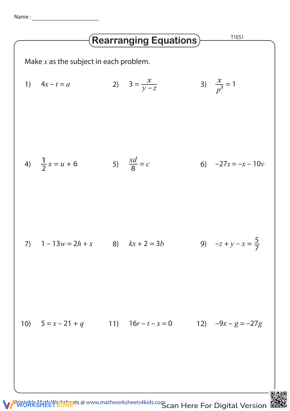 Rearranging Literal Equations: A Practice Worksheet - Page 1