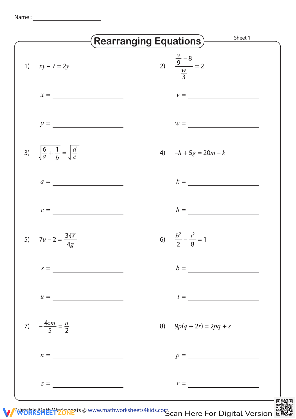 Rearrange Equations with Two Variables Worksheet - Page 1
