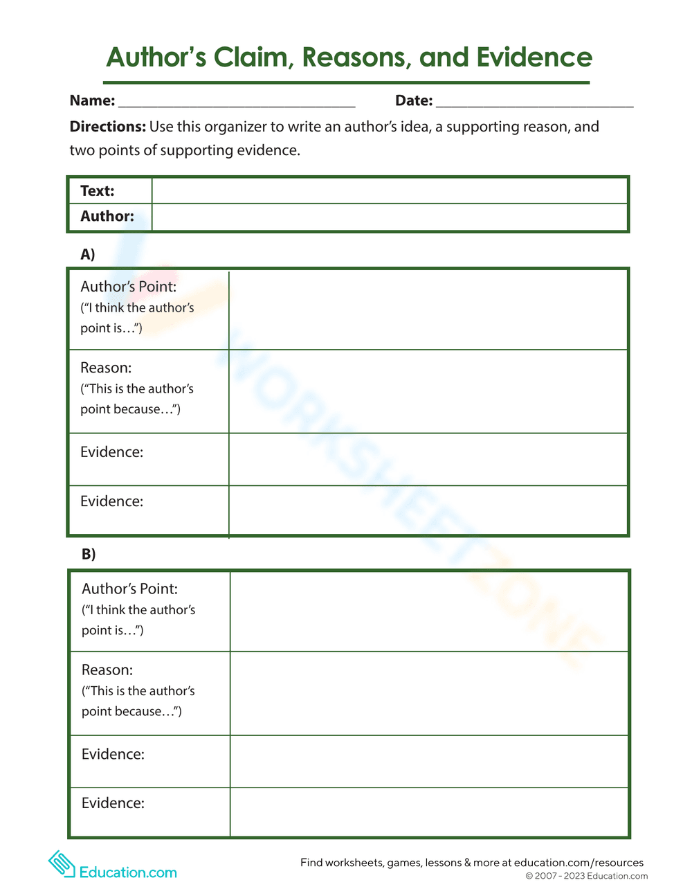 Strengthen Argument: Claim, Reasons, Evidence Worksheet - Page 1