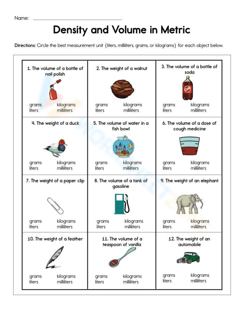 Density and Volume in Metric Worksheet - Page 1