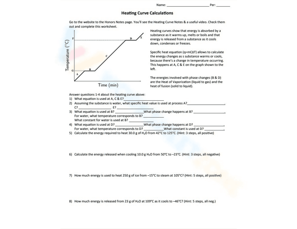 Solve Heating Curve Calculations Worksheet - Page 1