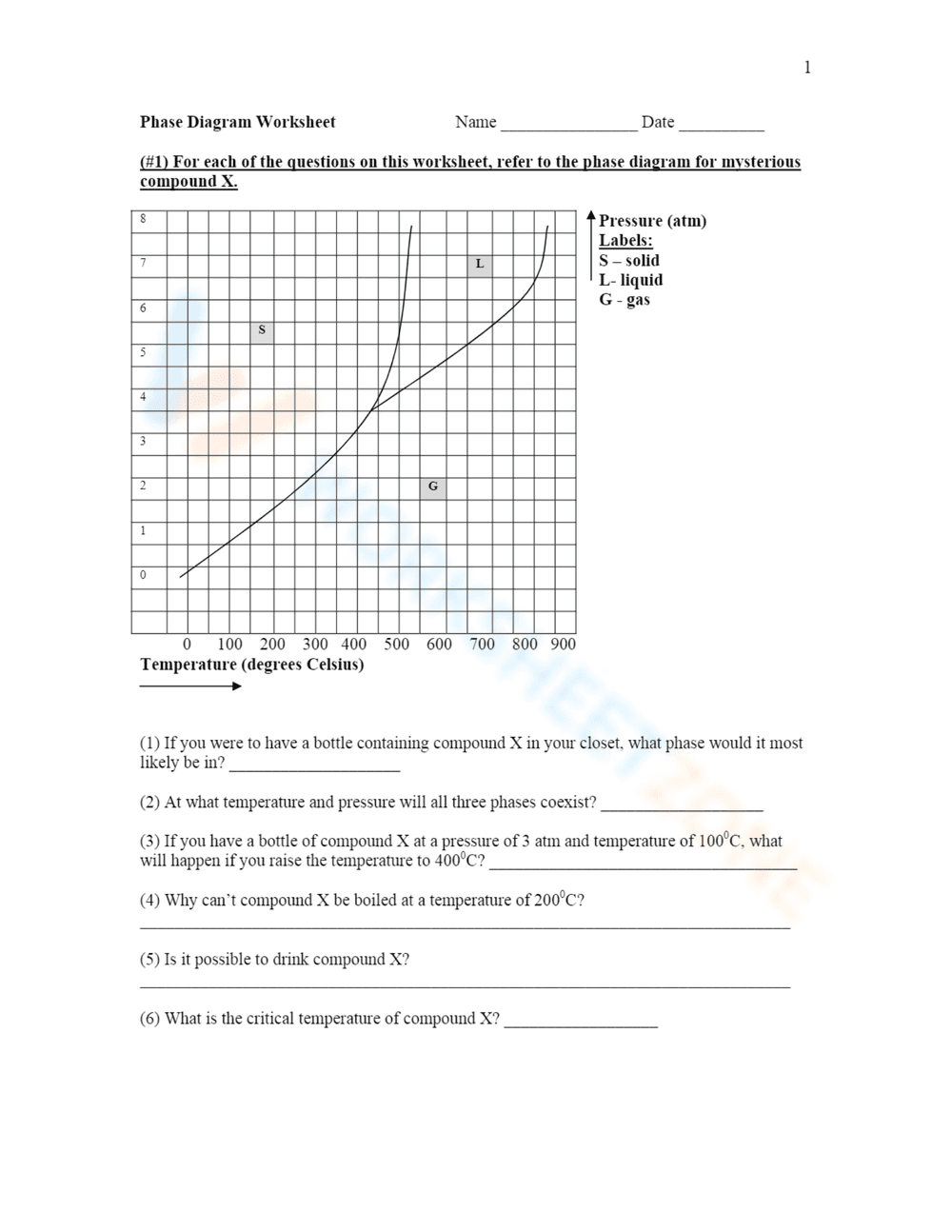 Heating Curves and Phase Diagram Worksheet - Page 1