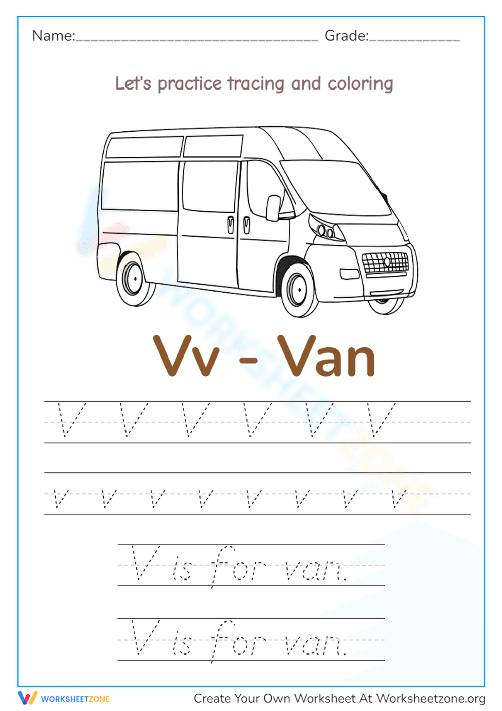 Handwriting Practice Worksheet: V is for Van - Page 1
