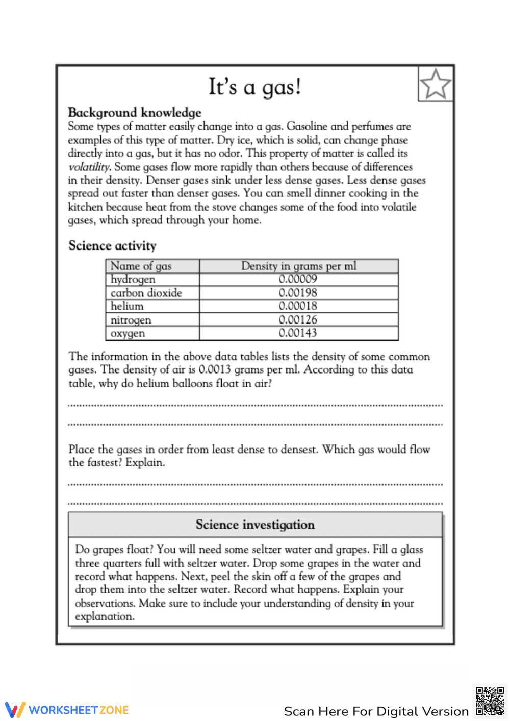 Density of Gases Science Worksheet - Page 1