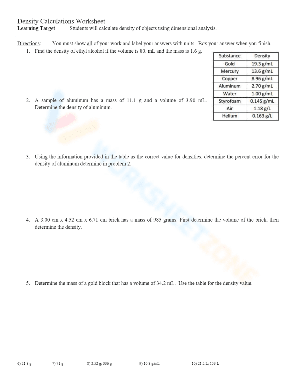Density Calculations Practice Worksheet - Page 1