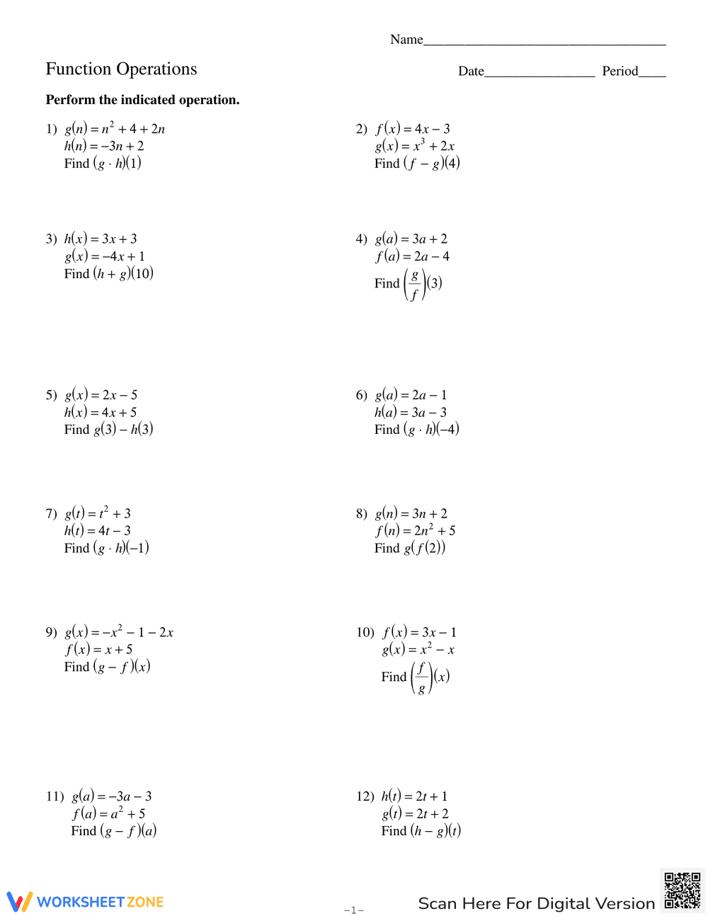 Practice Function Operations Worksheet - Page 1