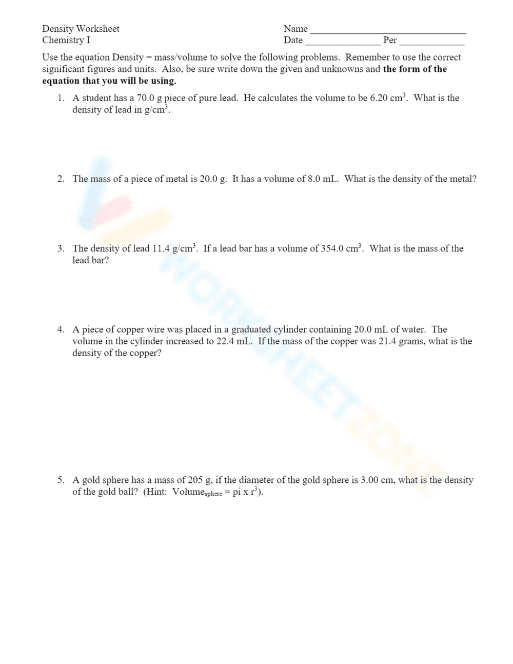Chemistry Density Worksheet - Page 1