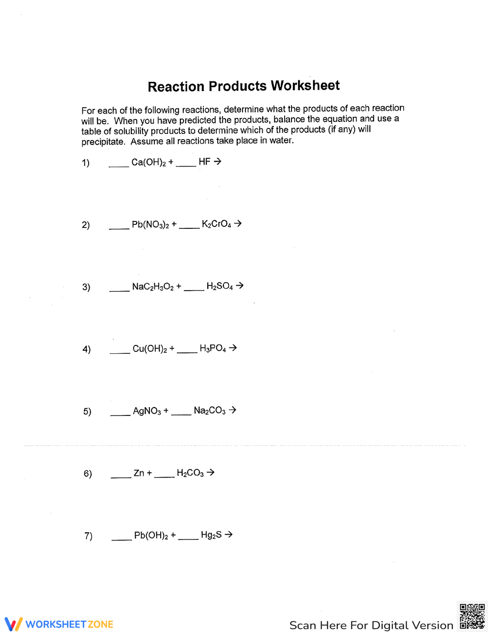 Reaction Product Chemistry Worksheet - Page 1