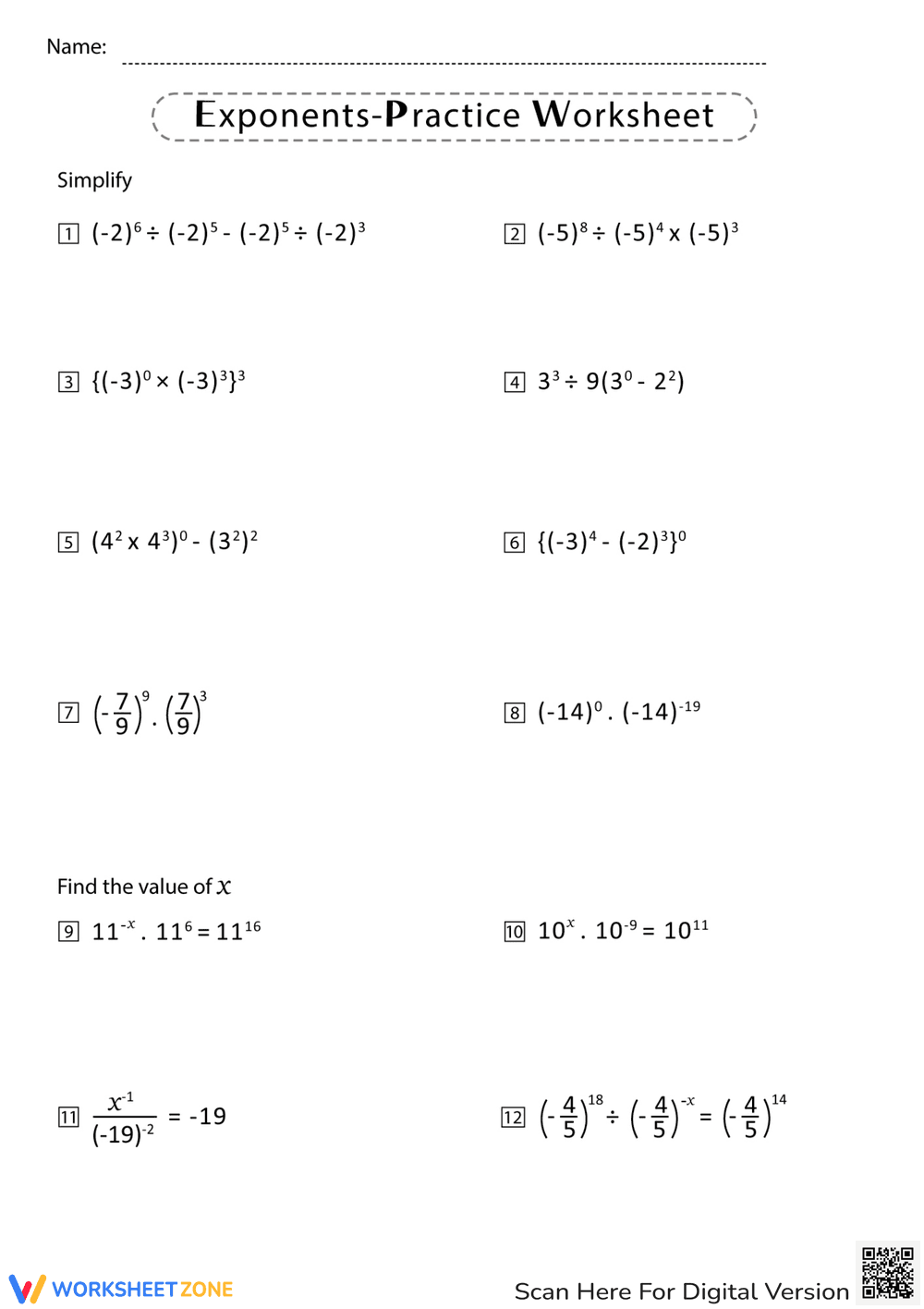 Exponents Practice Worksheets - Page 1