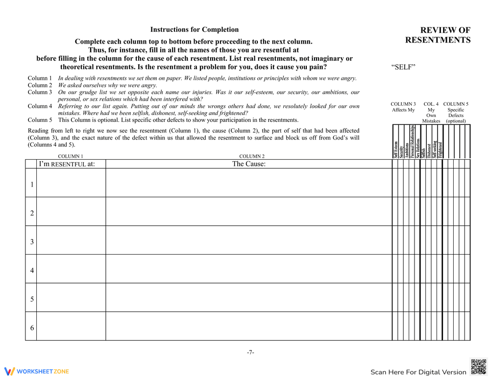 4th Step Inventory of Resentments - Page 1