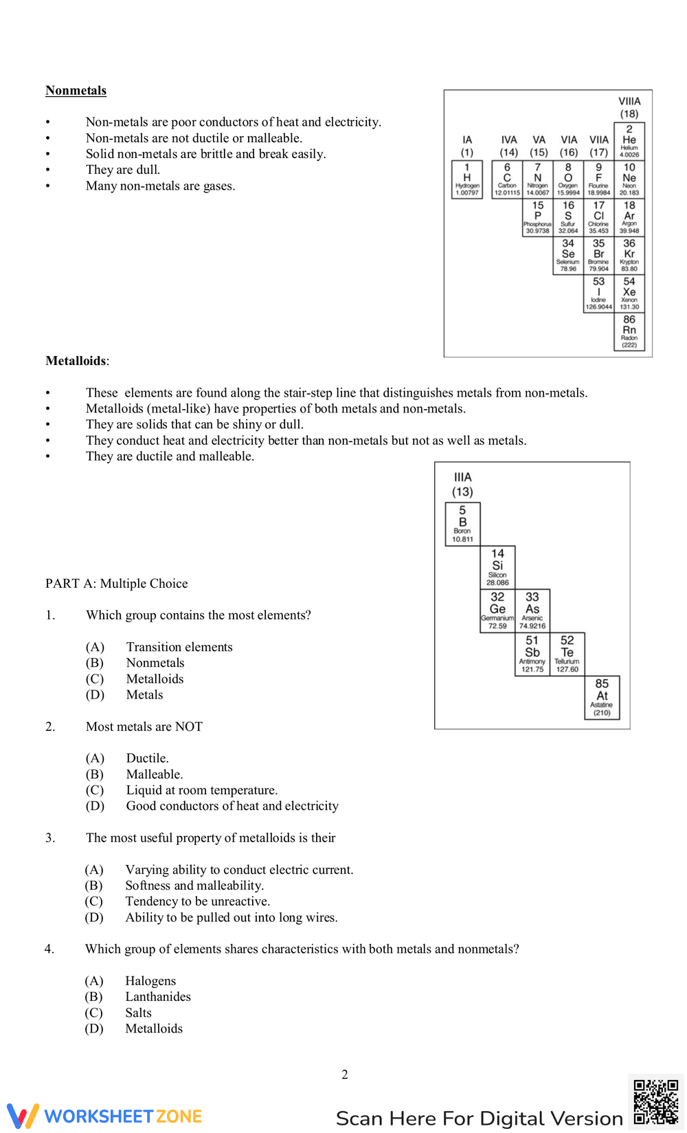 Metals, Nonmetals, and Metalloids Worksheet - Page 2