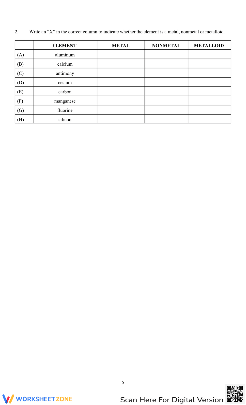 Metals, Nonmetals, and Metalloids Worksheet - Page 5
