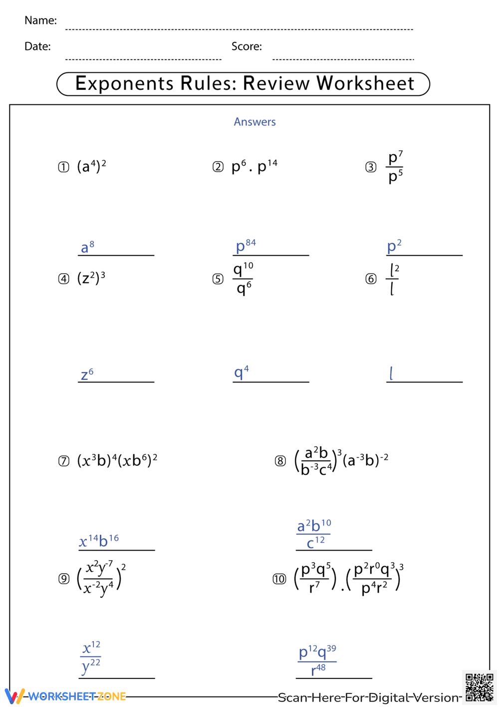Exponent Rules Worksheet with Answer Key - Page 2