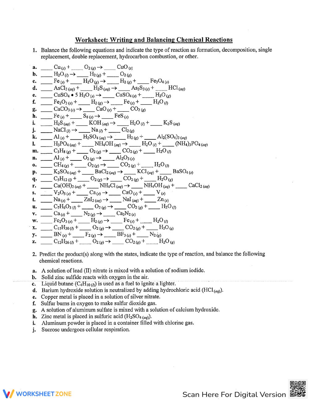 Writing and Balancing Chemical Equations - Page 1