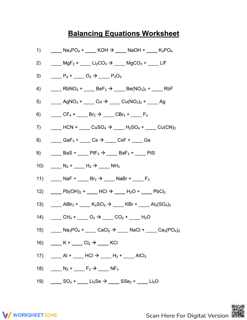 Balancing Equations Practice with Answers - Page 1
