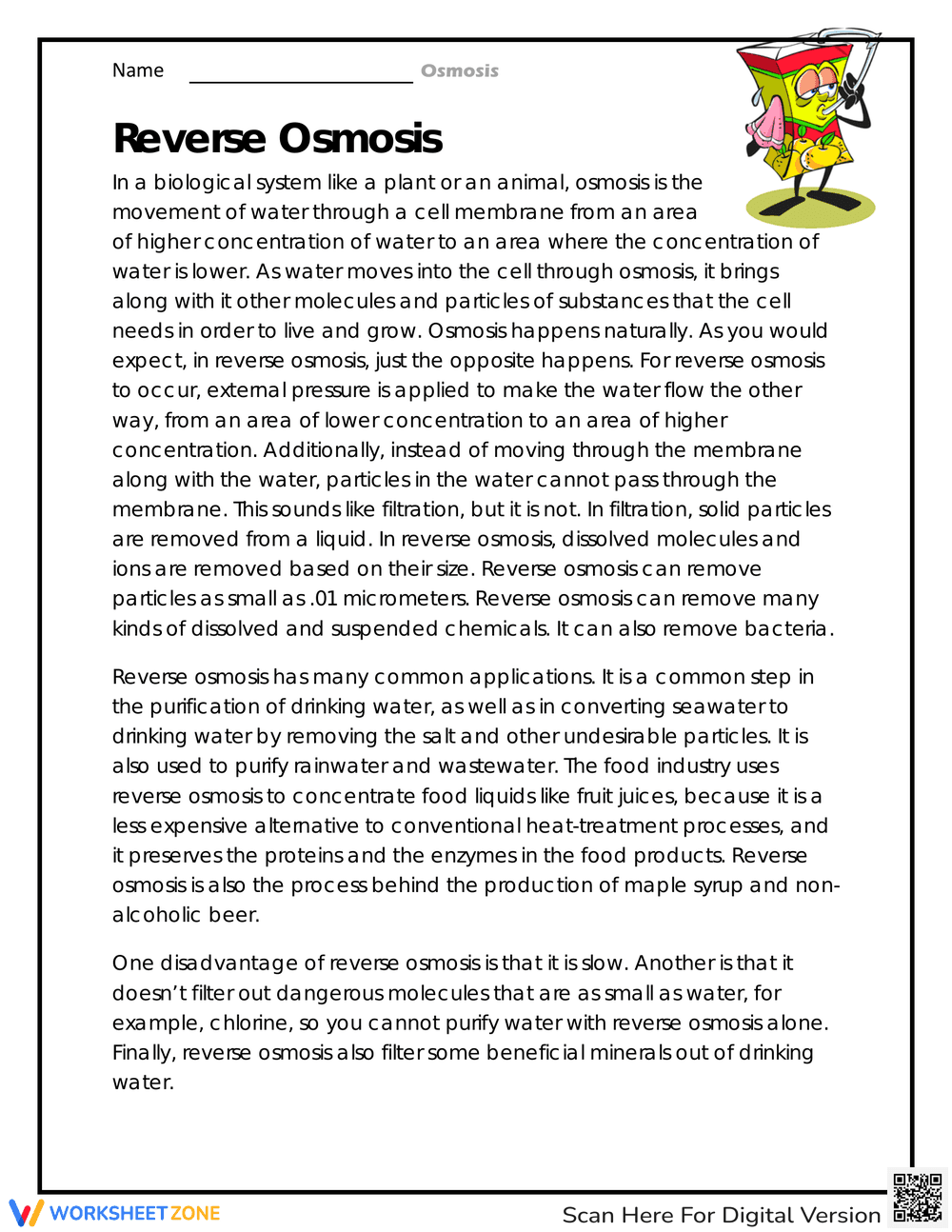 Reverse Osmosis Worksheet: Principles and Applications - Page 1