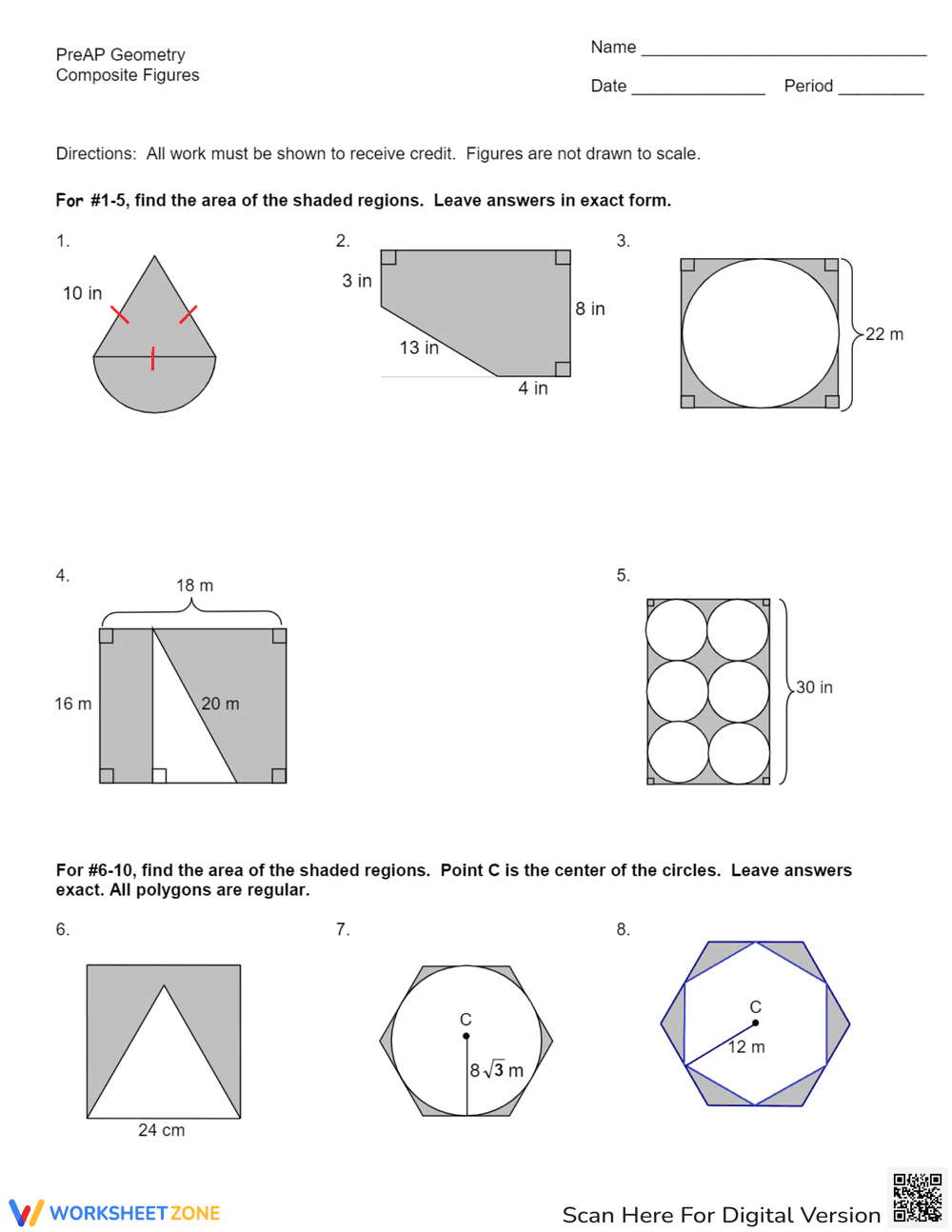 Find Area of Shaded Regions and Composites Worksheet - Page 1