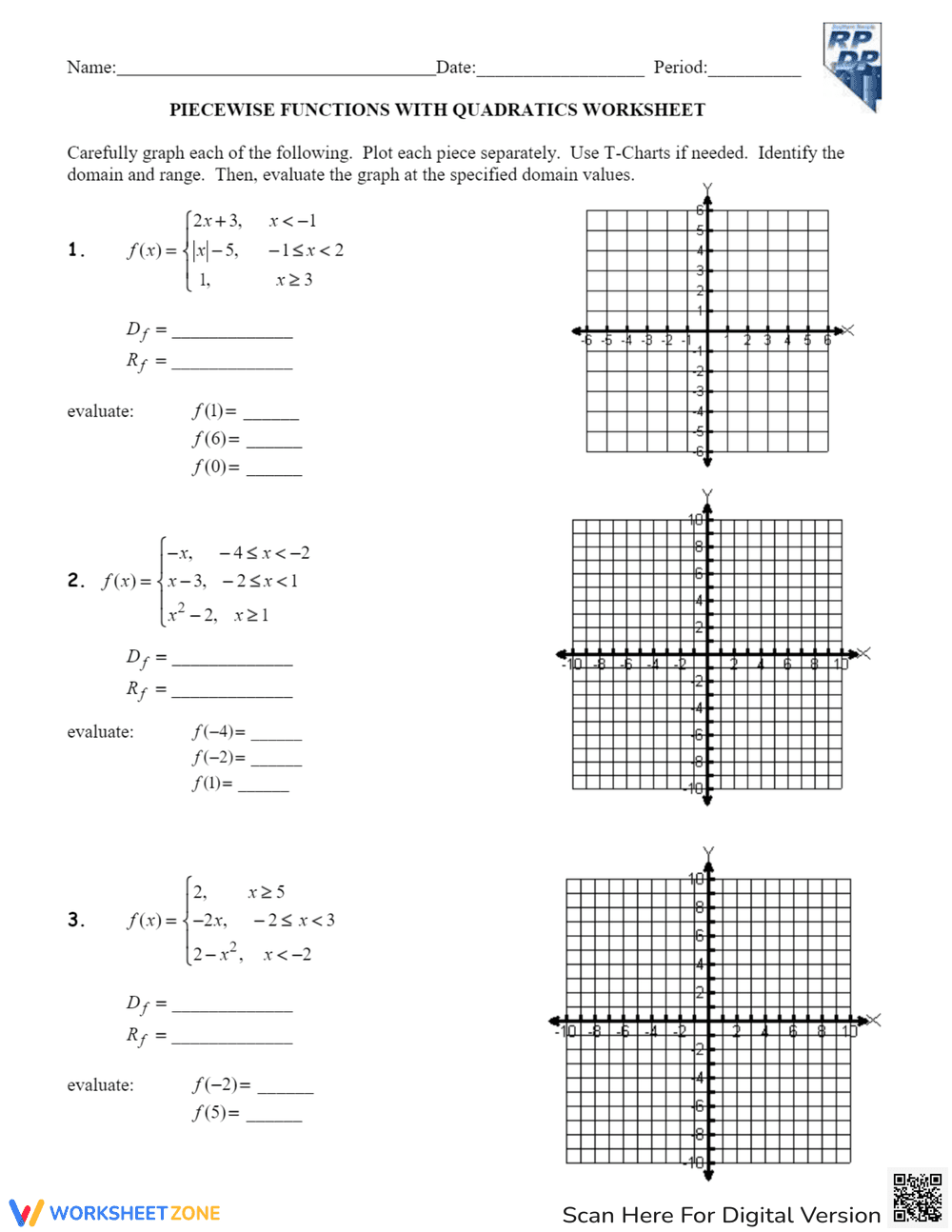 Piecewise Functions with Quadratic Worksheet - Page 1
