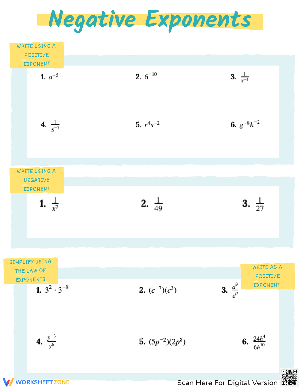 Negative Exponents: Math Practice Worksheet - Page 1
