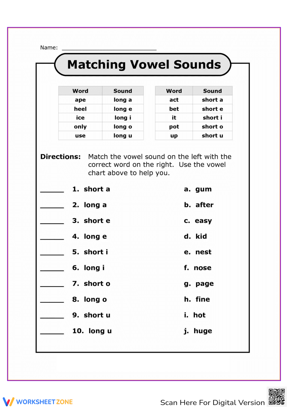 Matching Vowel Sounds: Phonics Worksheet - Page 1