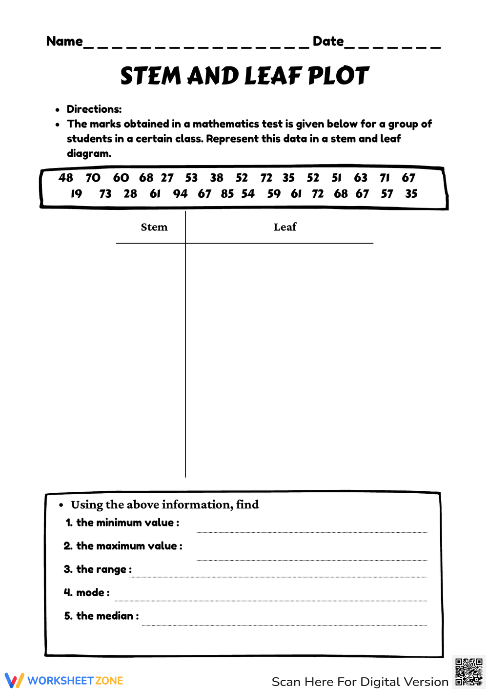 Stem and Leaf Plot: Data Representation Worksheet - Page 1