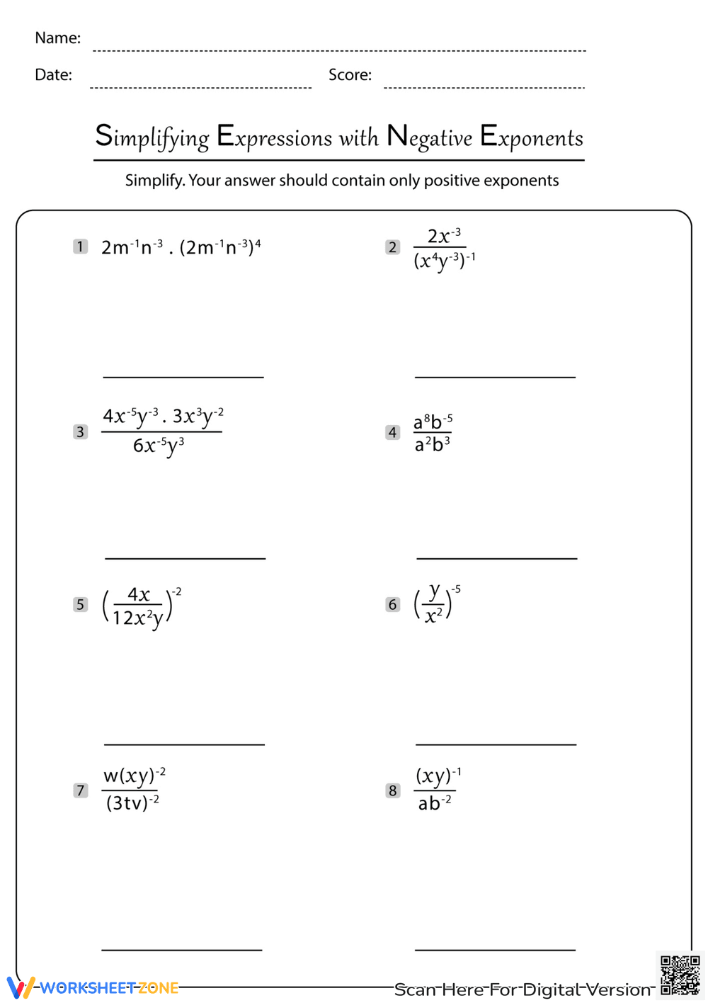 Simplify Expressions with Negative Exponents Worksheet - Page 1