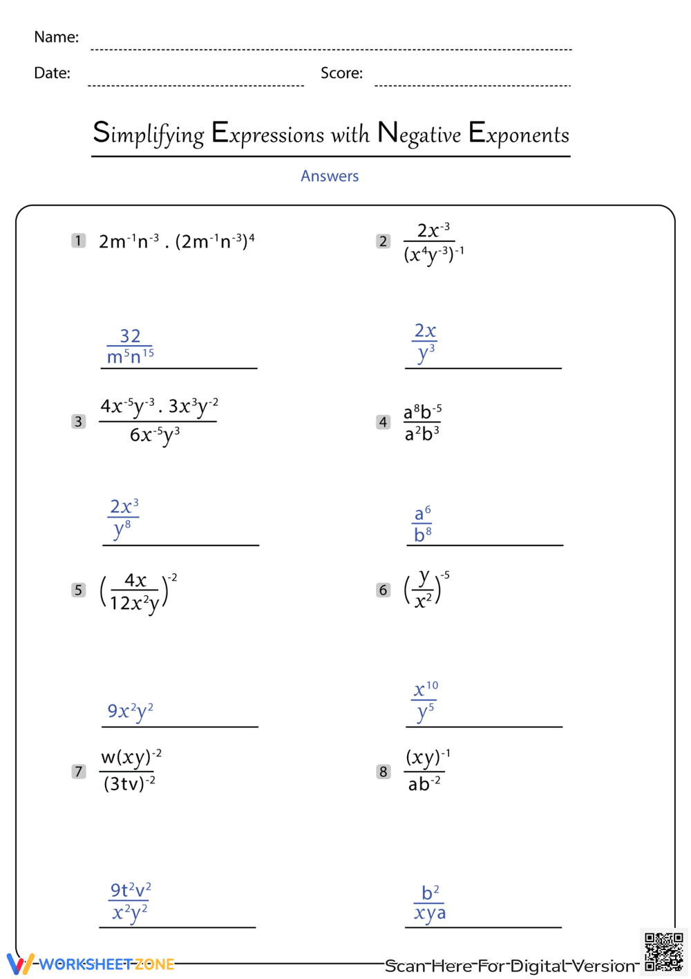 Simplify Expressions with Negative Exponents Worksheet - Page 2