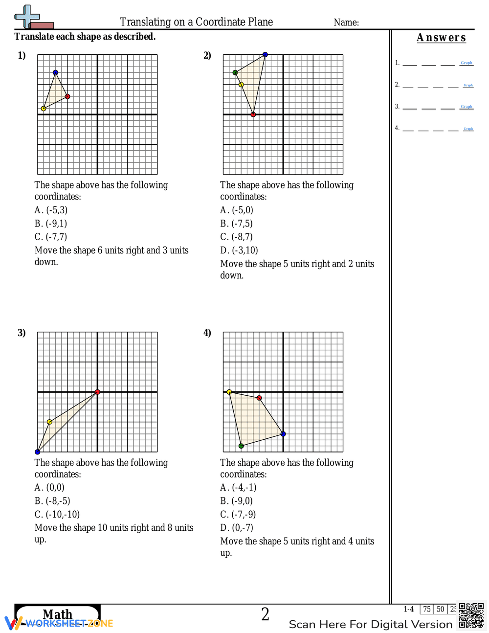Translating on a Coordinate Plane Worksheet - Page 1