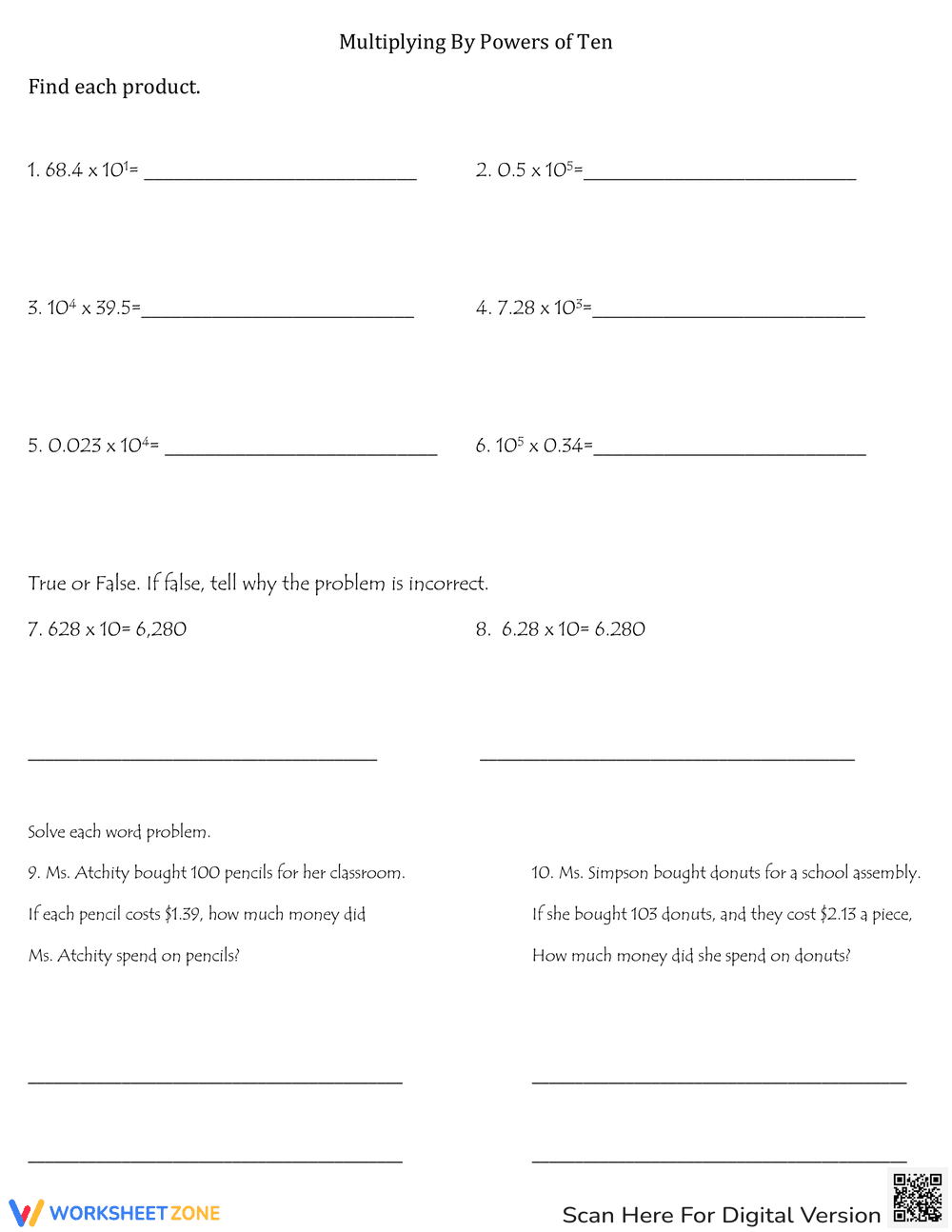 Practice Multiplying by Powers of 10: Worksheet - Page 1