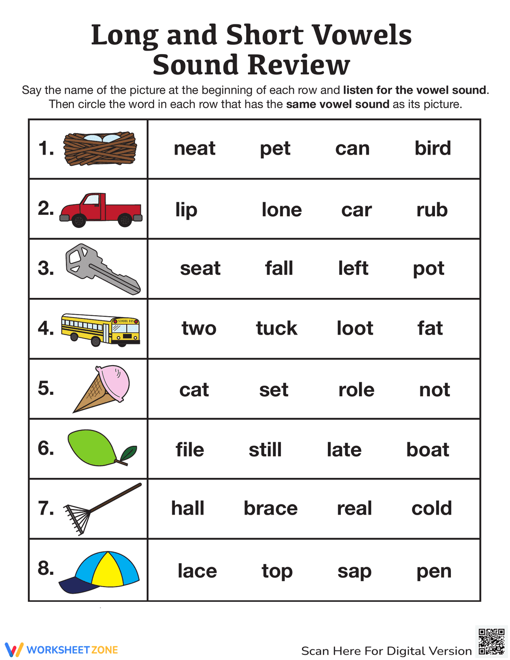 Long and Short Vowels Sounds Practice - Page 1
