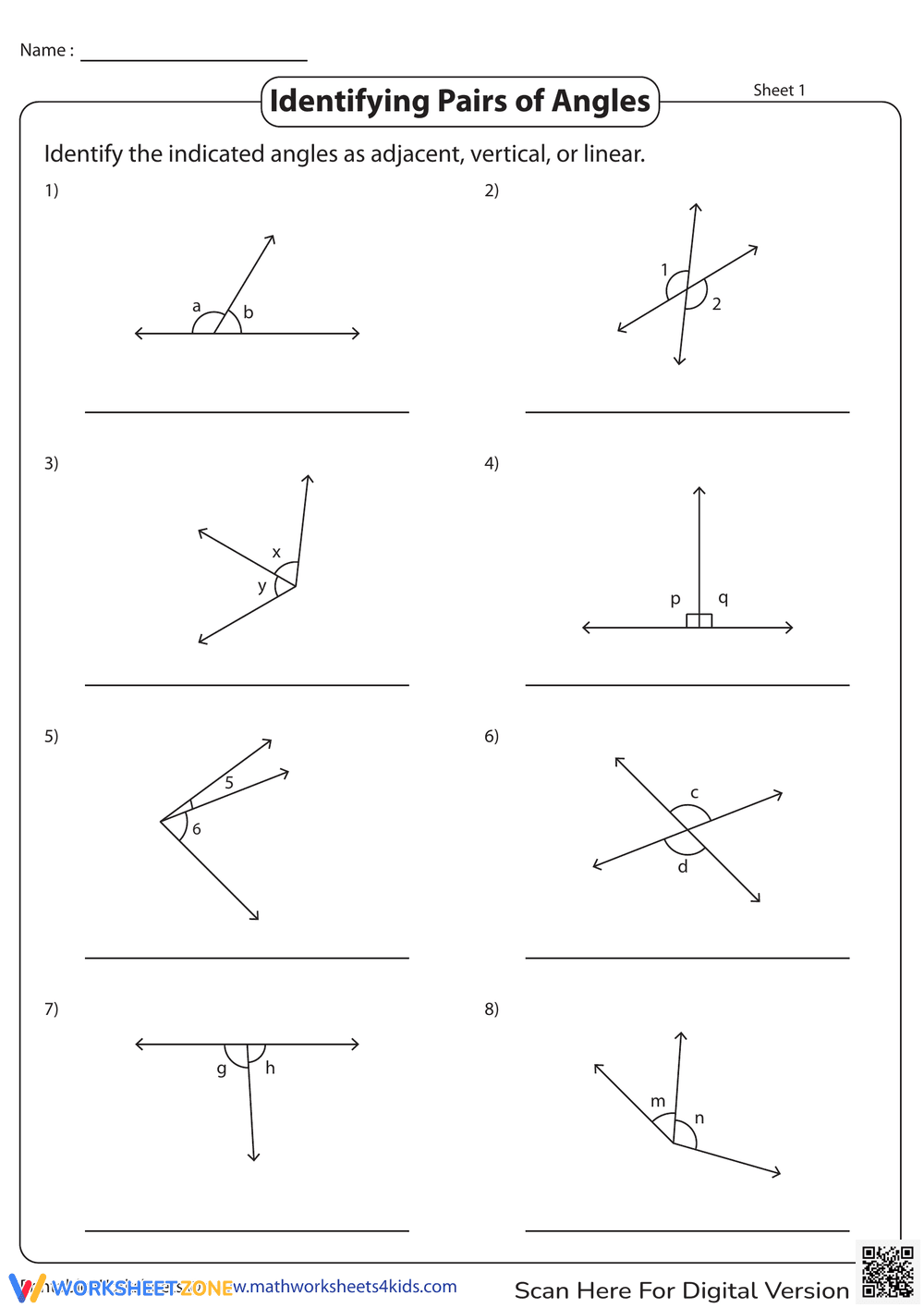 Identifying Pairs of Angles - Page 1