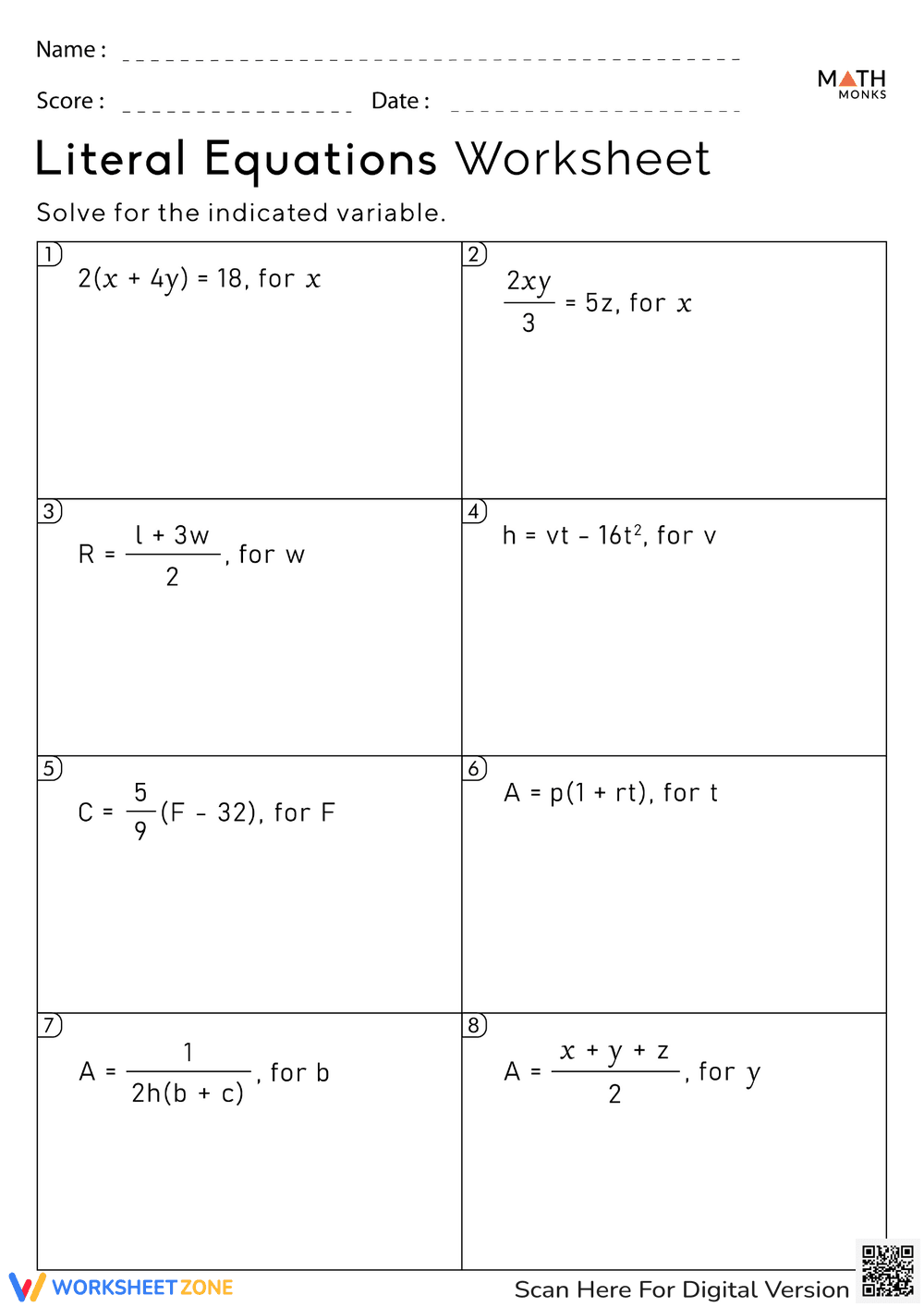 Worksheet: Solving for Variables in Literal Equations - Page 1