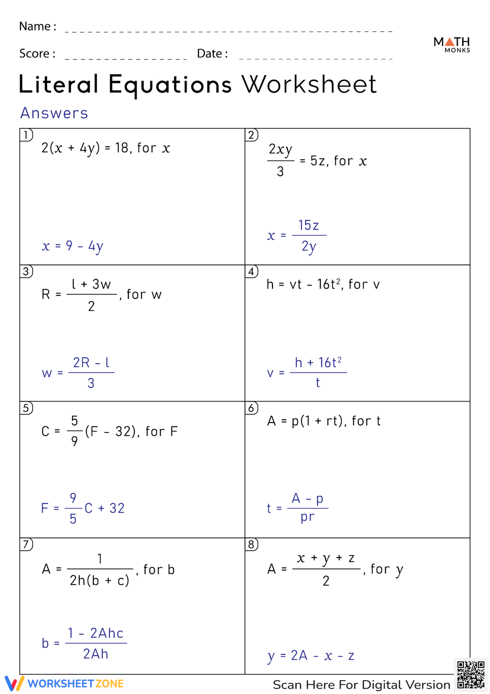Worksheet: Solving for Variables in Literal Equations - Page 2