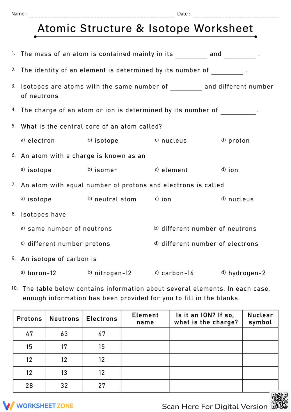 Exploring Atomic Structure and Isotopes: A Chemistry Worksheet - Page 1
