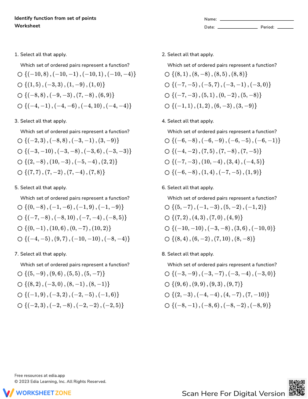 Identifying Functions: Set of Points Worksheet - Page 1