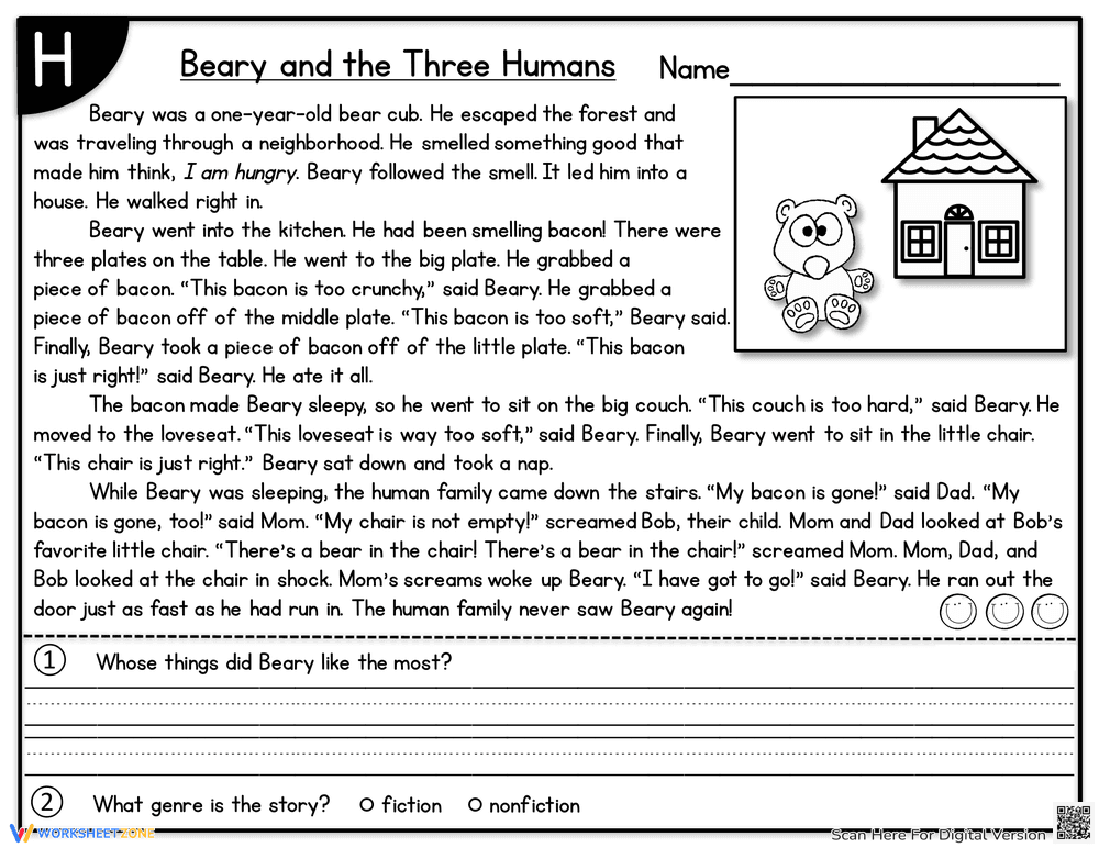 Beary and the Three Humans: Reading Comprehension - Page 1
