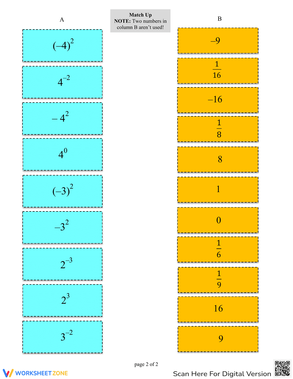 Zero and Negative Exponents: Math Practice Match-Up - Page 1