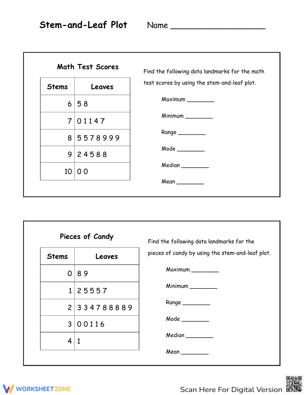 Stem and Leaf Plot: Data Representation Practice - Page 1