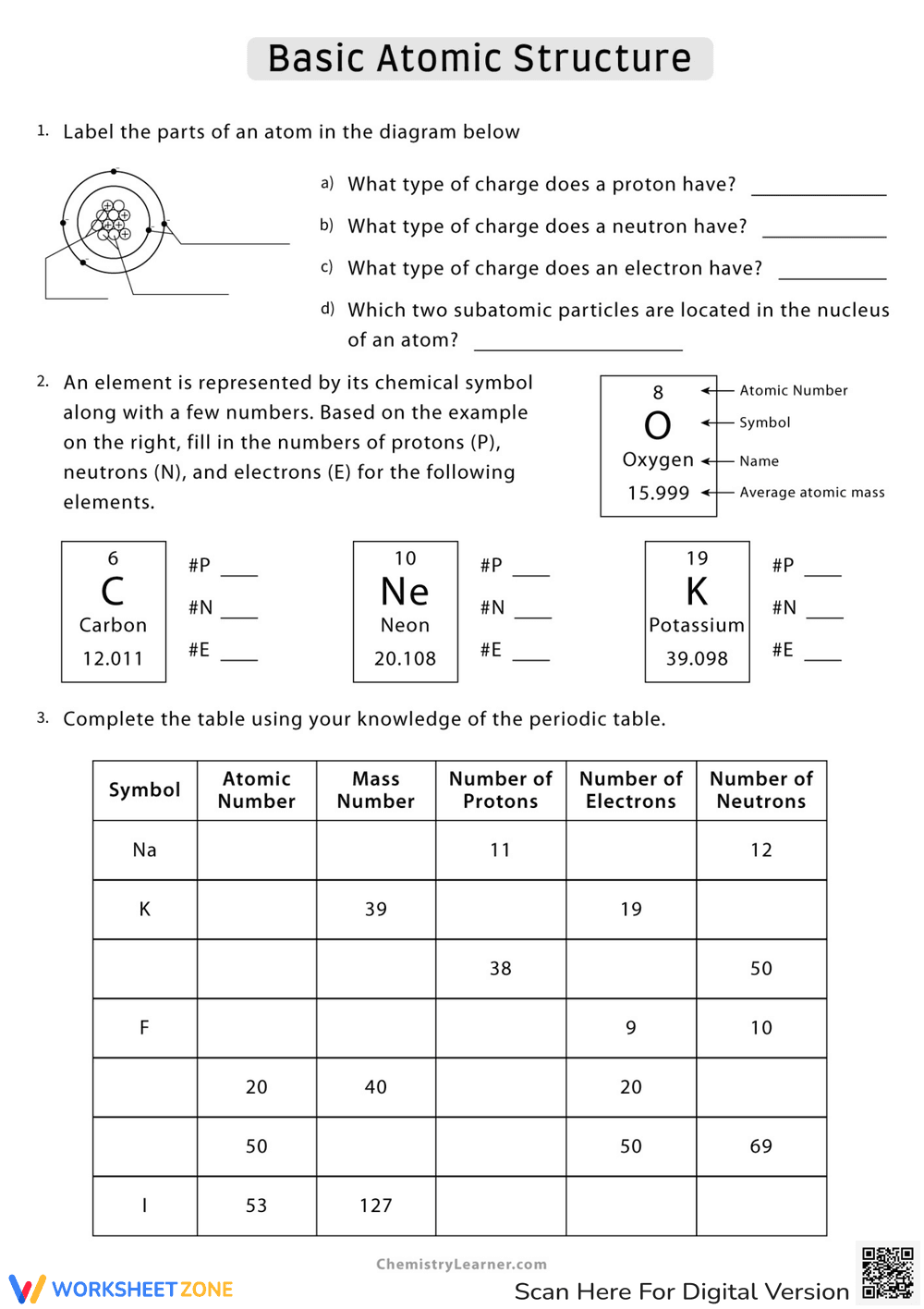 Basic Atomic Structure Worksheet - Page 1