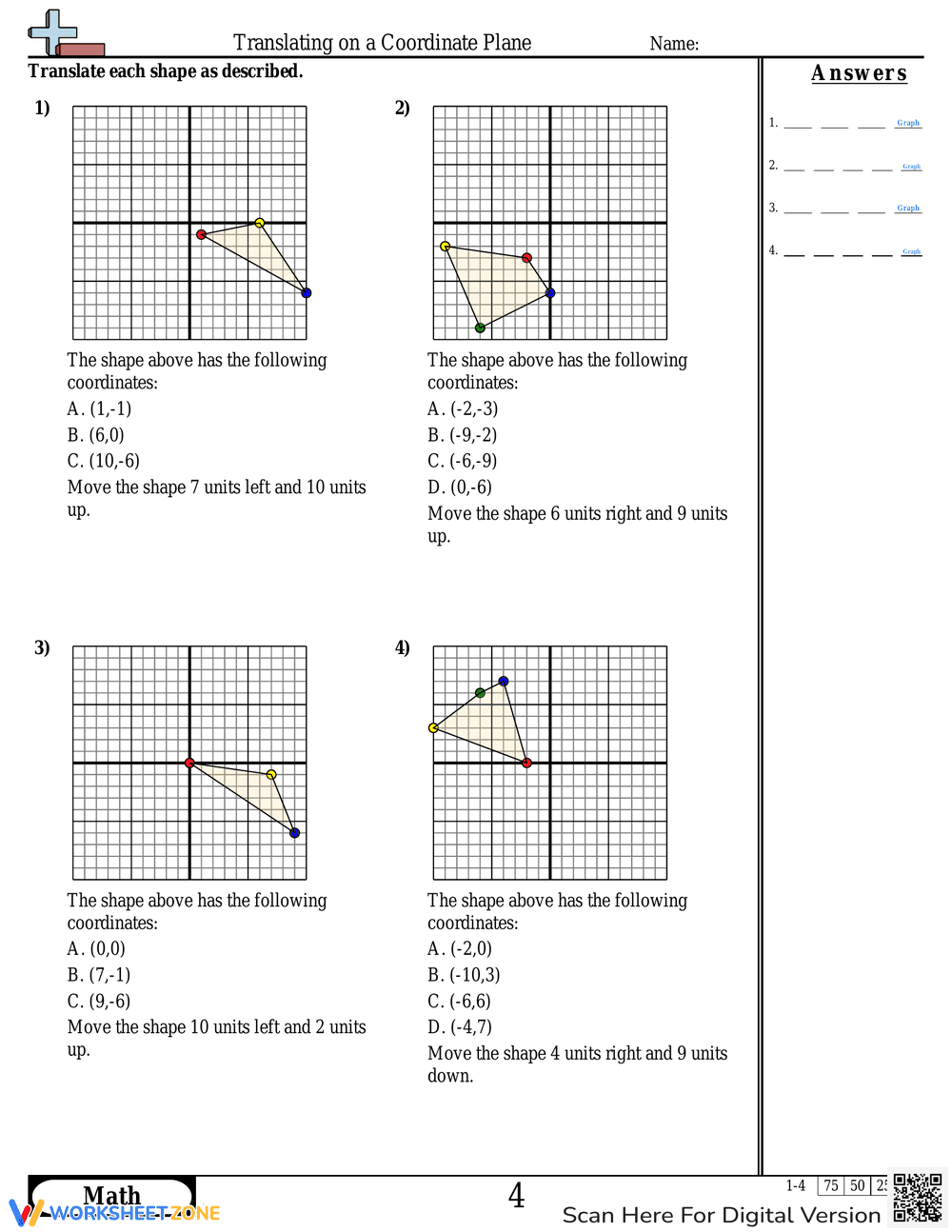 Translation on Coordinate Plane Worksheet 4 - Page 1