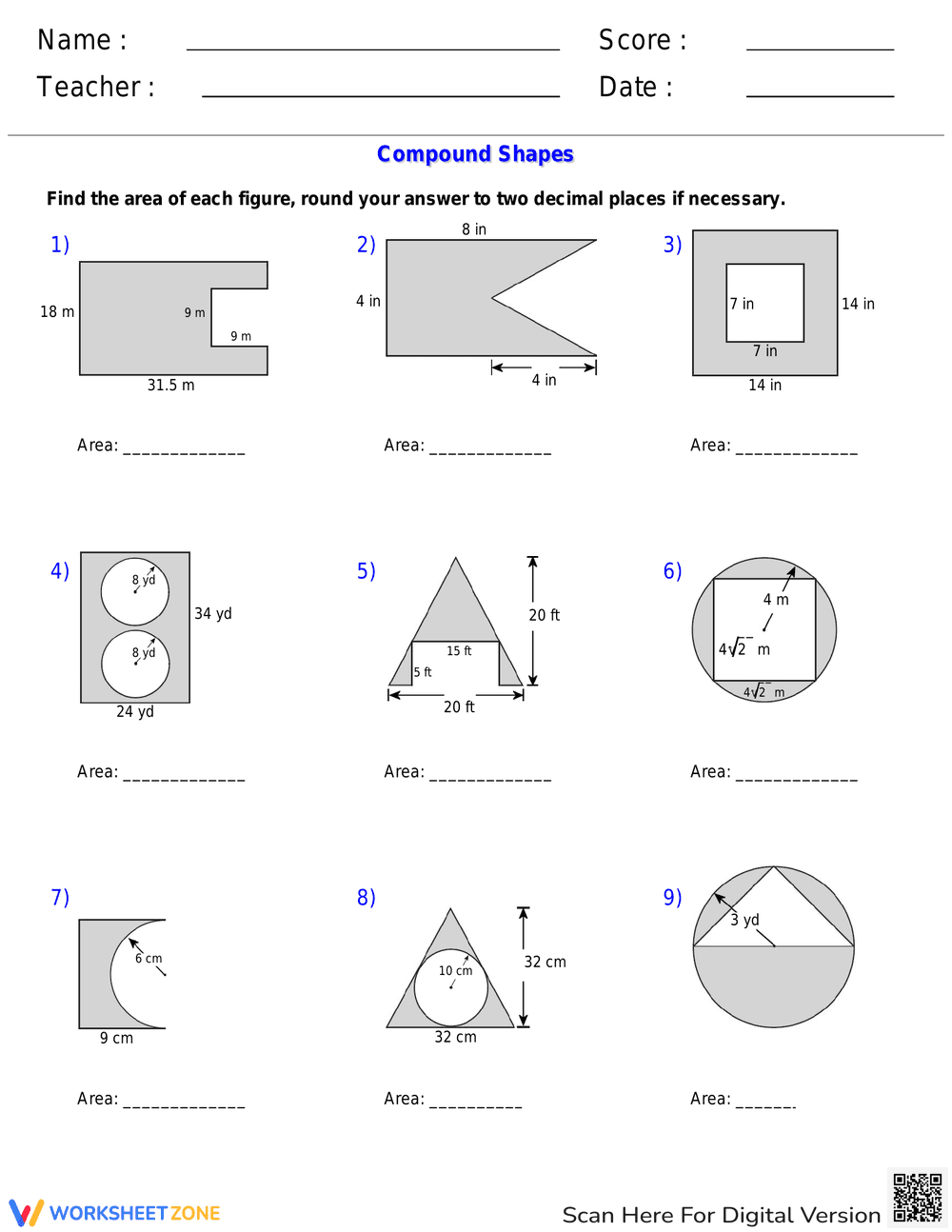 Calculate Area of Shaded Region Worksheet 1 - Page 1