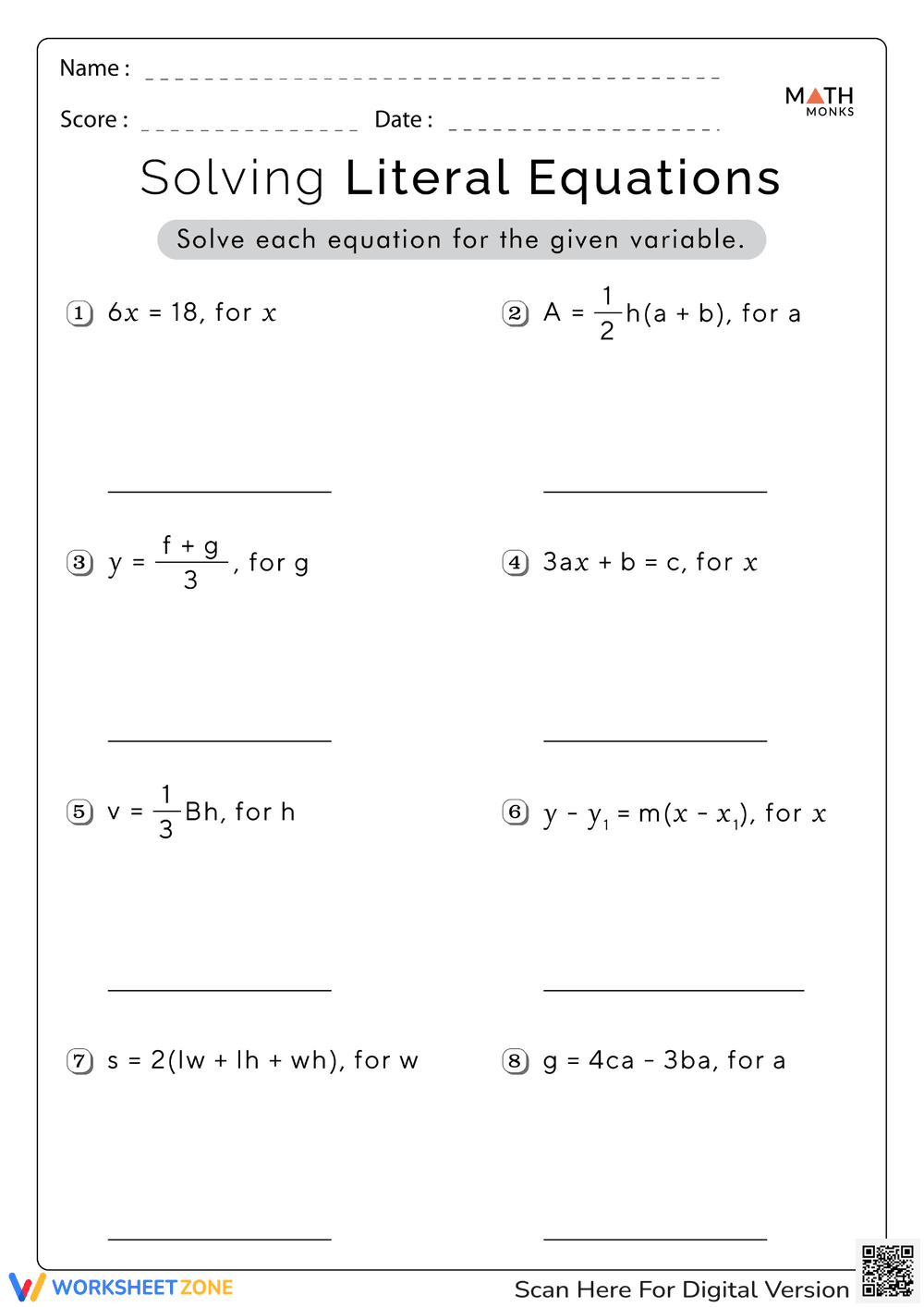 Literal Equations: Solve for X Worksheet - Page 1