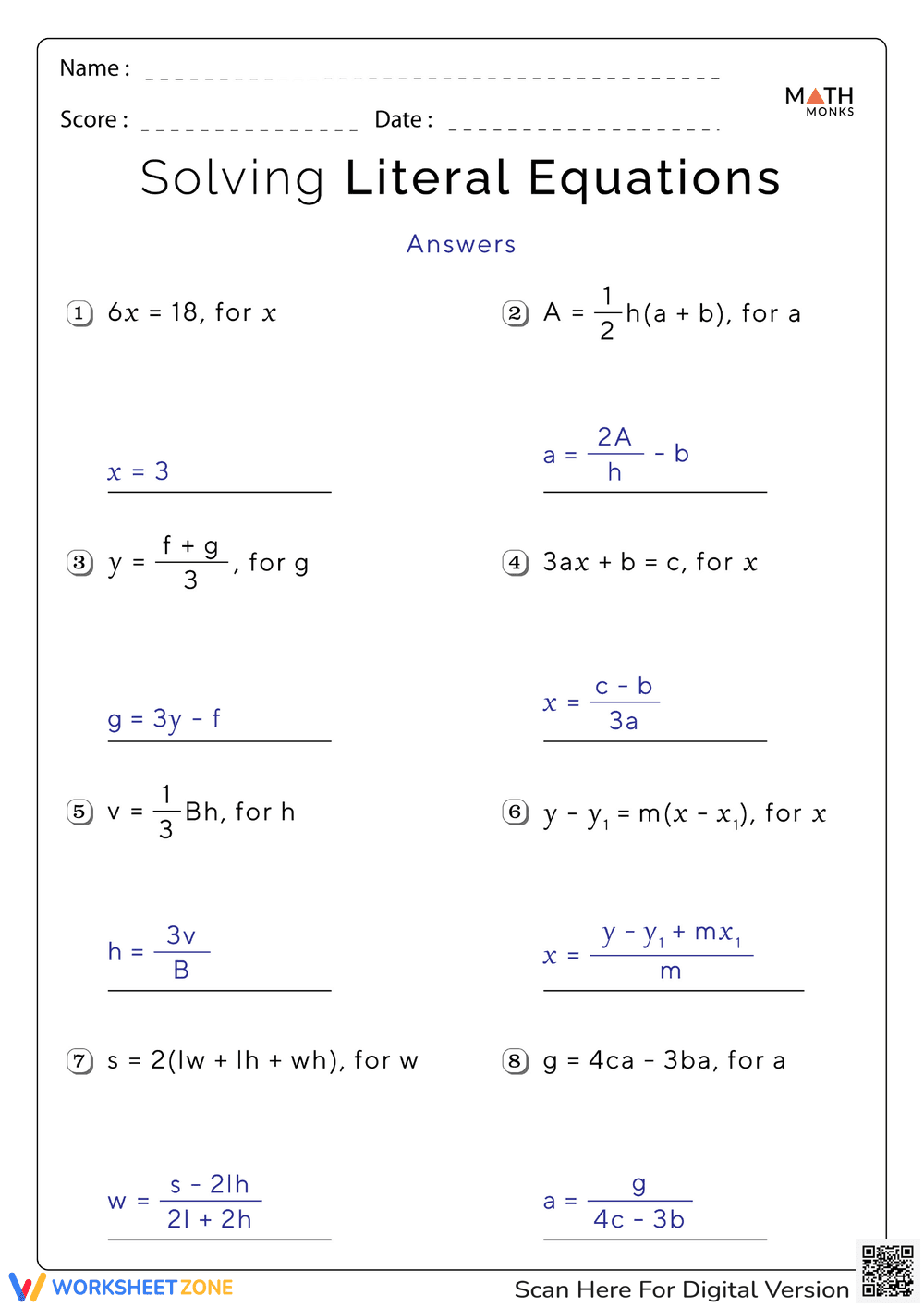 Literal Equations: Solve for X Worksheet - Page 2