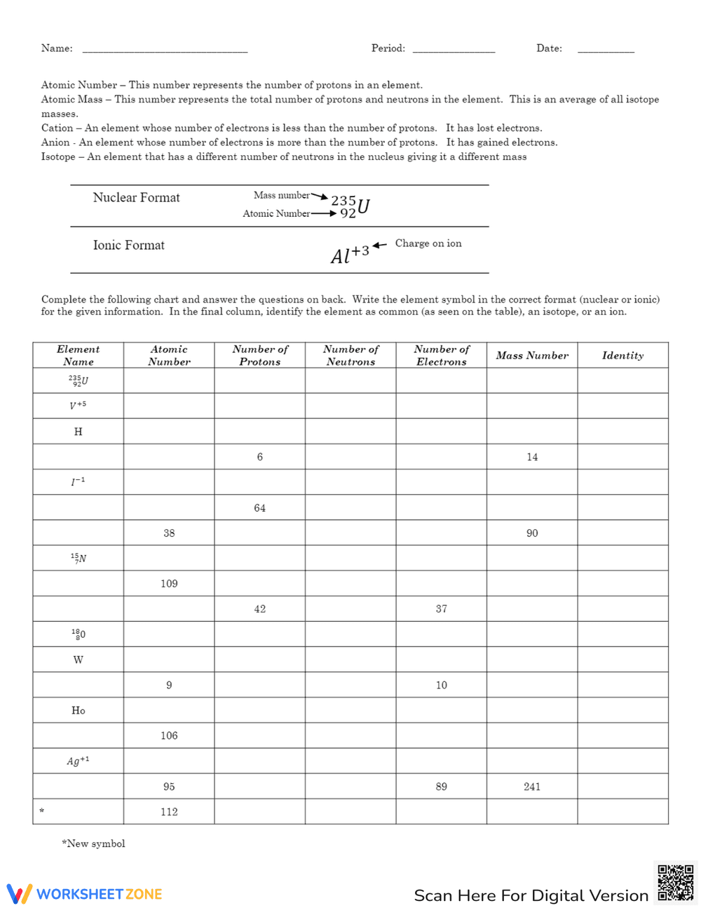Exploring Atomic Number and Mass Number: A Chemistry Worksheet - Page 1