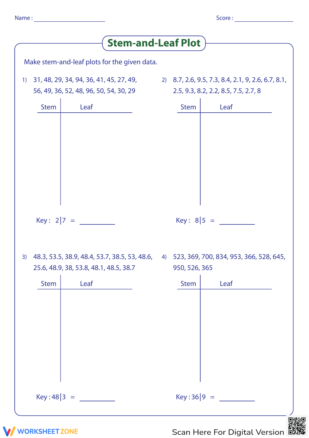Create a Stem and Leaf Plot Worksheet - Page 1