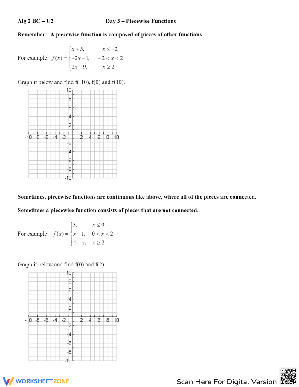 Piecewise Functions & Greatest Integer Function Worksheet - Page 1