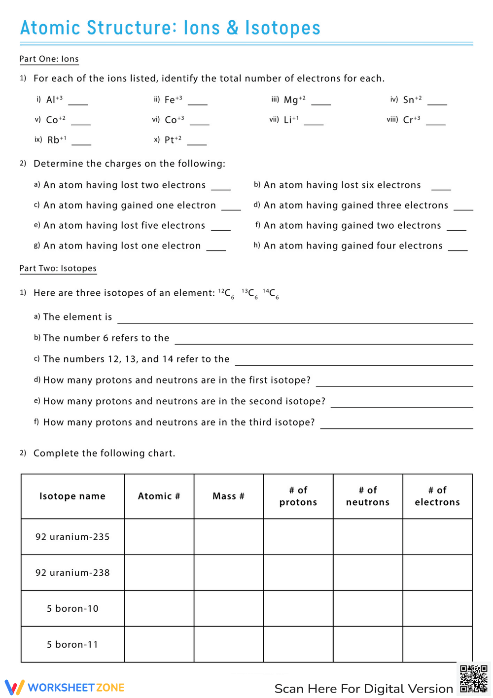Atomic Structure and Isotopes Practice Worksheet - Page 1