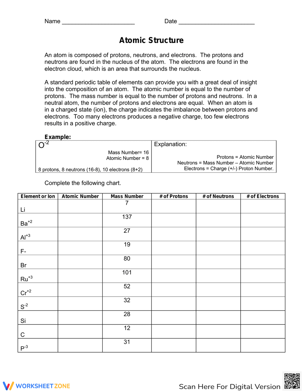 Atomic Structure and Ions Worksheet: Chemistry Basics - Page 1