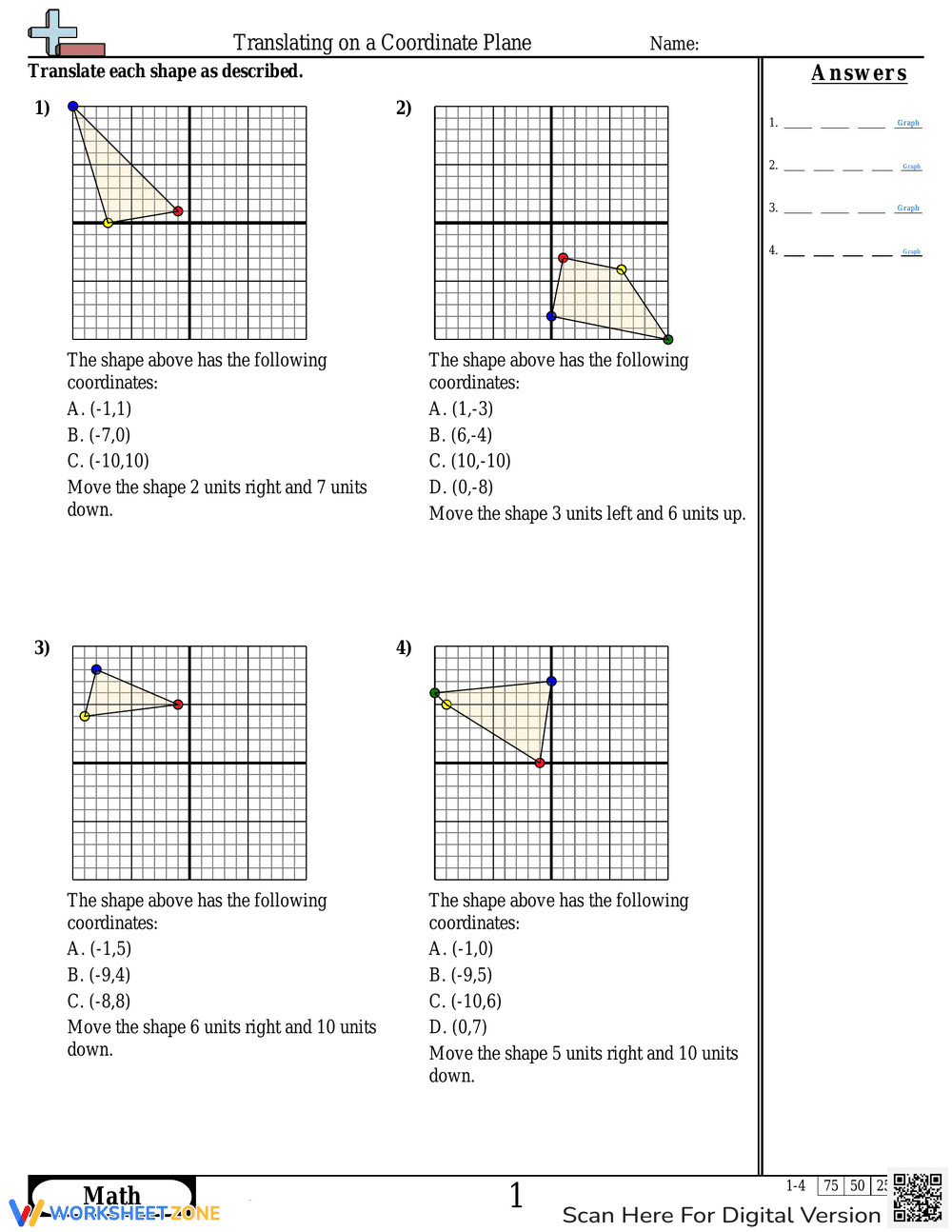 Translating on a Coordinate Plane: Geometry Worksheet - Page 1